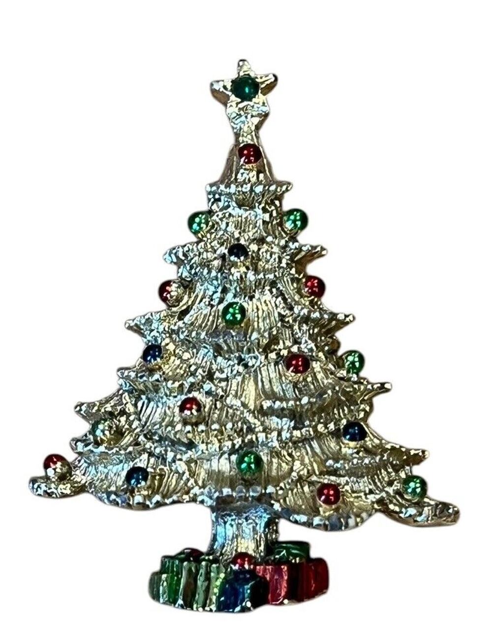 Vtg Steven Marc Christmas Tree Gold Tone Brooch Pin 2” 1980s Presents Holiday